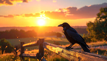 Sunset Sentinel: A lone crow perches on a weathered fence, its dark silhouette contrasting against the vibrant hues of a breathtaking sunset over a rural landscape.