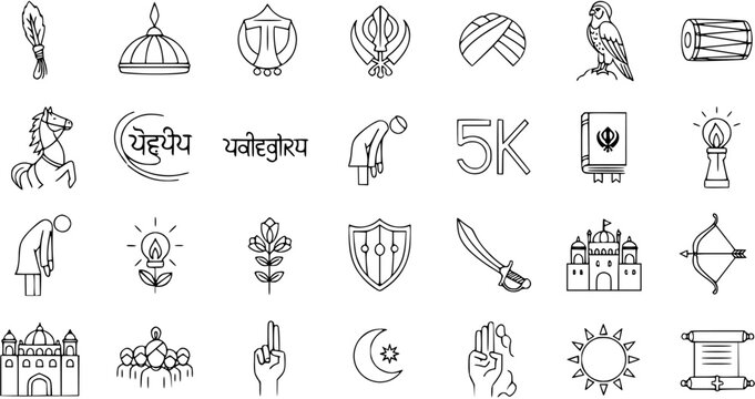 Sikhism Line Art Icons. A set of outline symbols representing Sikh religion, culture, history, and traditions, including Khanda, Gurdwara, Turban, Kirpan, and other elements.