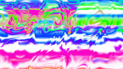 Abstract psychedelic glitch waves with neon colors, distorted digital fluid texture and VHS scanline effect