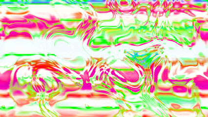 Abstract psychedelic glitch waves with neon colors, distorted digital fluid texture and VHS scanline effect