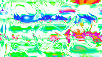 Abstract psychedelic glitch waves with neon colors, distorted digital fluid texture and VHS scanline effect