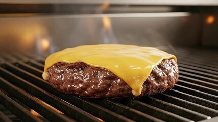 Succulent Beef Patty Melting Cheddar Cheese on Grill with Flames Bright Lighting on Metal Grates Sizzling Meat Delight Classic American Cuisine Close Up Shot Focus on Burger