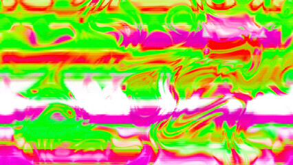 Abstract psychedelic glitch waves with neon colors, distorted digital fluid texture and VHS scanline effect