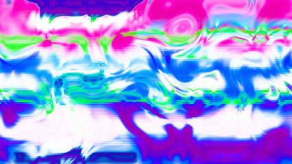 Abstract psychedelic glitch waves with neon colors, distorted digital fluid texture and VHS scanline effect