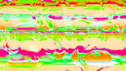 Abstract psychedelic glitch waves with neon colors, distorted digital fluid texture and VHS scanline effect
