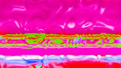 Abstract psychedelic glitch waves with neon colors, distorted digital fluid texture and VHS scanline effect