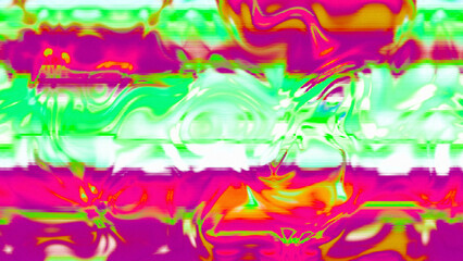 Abstract psychedelic glitch waves with neon colors, distorted digital fluid texture and VHS scanline effect