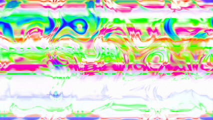 Abstract psychedelic glitch waves with neon colors, distorted digital fluid texture and VHS scanline effect