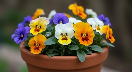 Vibrant pansy flowers in a terracotta pot blooming in springtime