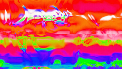 Abstract psychedelic glitch waves with neon colors, distorted digital fluid texture and VHS scanline effect