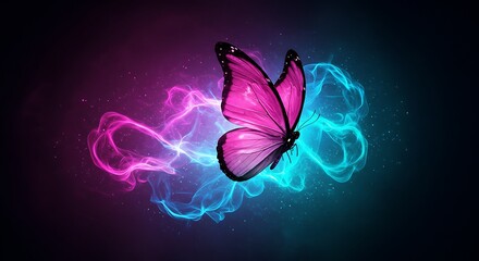 Vibrant pink butterfly against abstract blue and pink energy background