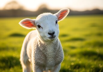 Fototapeta premium A cute white lamb stands in a sunlit green field, looking directly at the camera with soft light.