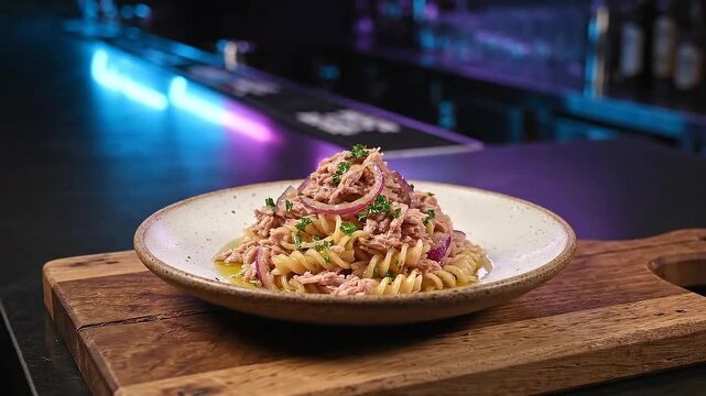 Tuna Pasta Salad in White Bowl on Wood Board Still Life with Spirali Pasta and Red Onion Neon Bar Backlight Food Photography for Recipe Promotion Commercial Advertising 190