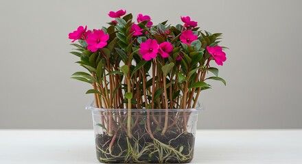 Vibrant pink flowers in a clear container against a neutral background