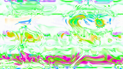 Abstract psychedelic glitch waves with neon colors, distorted digital fluid texture and VHS scanline effect