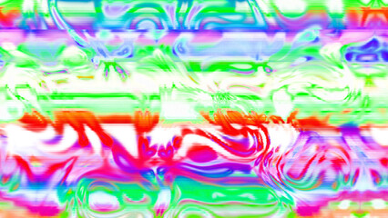 Abstract psychedelic glitch waves with neon colors, distorted digital fluid texture and VHS scanline effect