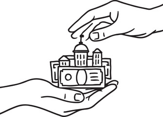 Government Funding Vector Silhouette &ndash; Hands Holding Institutional Building and Currency Note