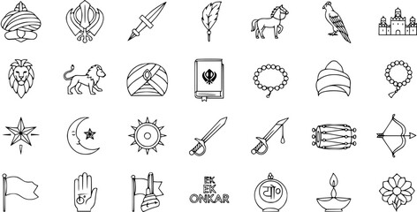 Naklejka premium Sikhism Line Icons Vector Set. Religious and Cultural Symbols of Sikh Faith: Khanda, Turban, Kirpan, Guru Granth Sahib, Ik Onkar, Lion, Horse, Falcon, Diya, and spiritual elements.