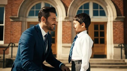 A man adjusting a boy's tie in front of a school building, both smiling, bright sunlight - Powered by Adobe
