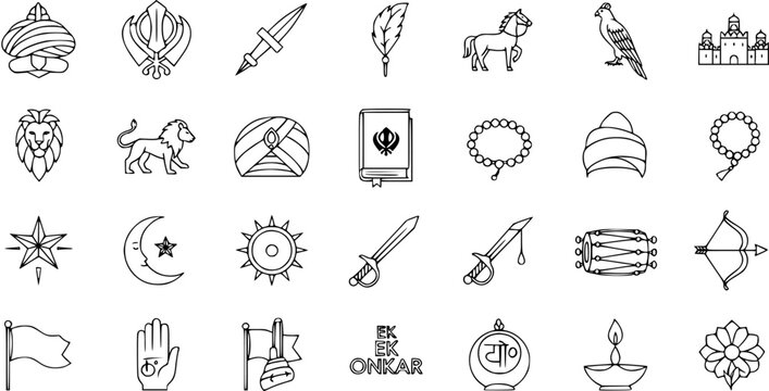 Sikhism Line Icons Vector Set. Religious and Cultural Symbols of Sikh Faith: Khanda, Turban, Kirpan, Guru Granth Sahib, Ik Onkar, Lion, Horse, Falcon, Diya, and spiritual elements.