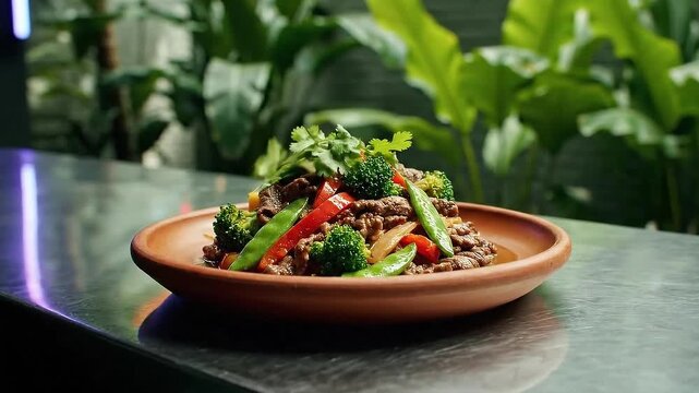 Vegetable Dish with Brown Rice, Broccoli, Bell Peppers, and Herbs on Plate Silver Table with Green Leaves Background Stir-Fry Bowl Brown Rice Red Pepper Garnish Food Still Life