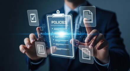Businessman interacting with digital policies and documents on a futuristic interface