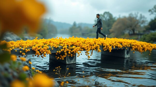 Floating marigold bridge across a river as tourist spot and culture embrance