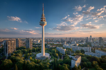 German high Europaturm TV and radio broadcasting tower against blue sky, city&rsquo;s modernity, serving popular tourist attraction, modern communication and technology, European Urban technology, Frankfurt