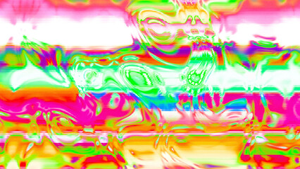 Abstract psychedelic glitch waves with neon colors, distorted digital fluid texture and VHS scanline effect