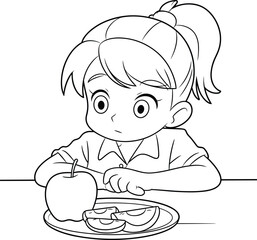 Black and white illustration of child with ponytail holding fork, contemplating apple slices for nutrition, emotion, and childhood behavior themes