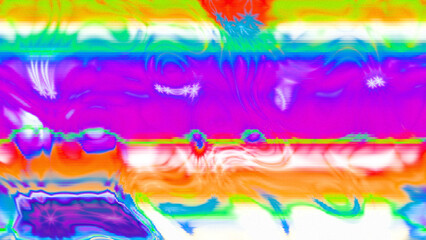 Abstract psychedelic glitch waves with neon colors, distorted digital fluid texture and VHS scanline effect