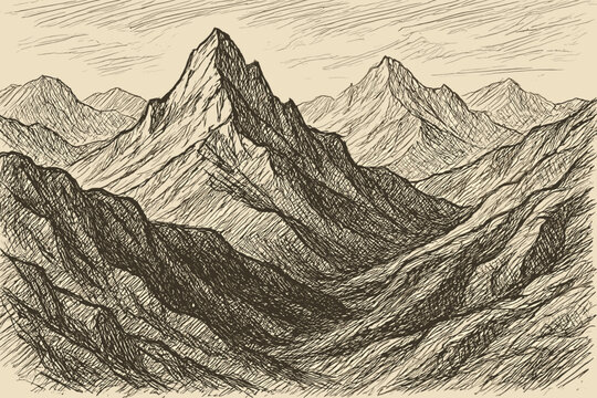 Mountainous roughhatch sketched coarse mountain landscape vector filling outlines illustration hatching jagged