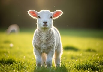 Fototapeta premium A cute, fluffy white lamb stands in a sunlit green field, looking directly at the viewer with a gentle expression.