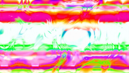 Abstract psychedelic glitch waves with neon colors, distorted digital fluid texture and VHS scanline effect