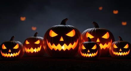 Naklejka premium Eerie Halloween Jack-O'-Lanterns Glowing with Spooky Faces in a Dark, Mysterious Night Scene, Festive Holiday Display