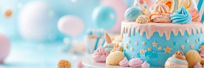 Elegant and sweet pastel blue birthday cake with drip icing, adorned with colorful meringues and tiny stars, surrounded by festive blurred balloons for joyful celebration