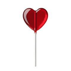 A glossy red heart shaped lollipop on a silver metal stick on transparent background