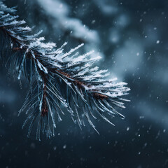 Frost-covered pine branch glistening in the dark winter evening light