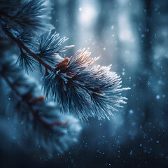 Frosted pine branch catches light in a tranquil winter forest scene at dusk