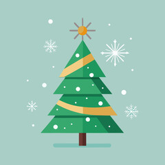 Stylized green christmas tree with snowflakes and ornaments silhouette isolated on white background