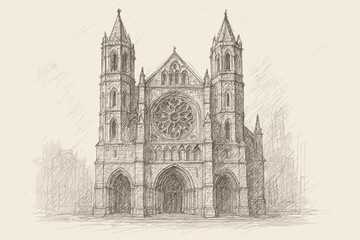 Fototapeta premium Pencil gothic arches cathedral rough crosshatching tall vector sketch illustration towers
