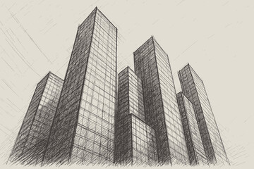 Fototapeta premium Sketch skyscraper angled hatching cluster vector drawing modern depth illustration