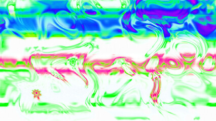 Abstract psychedelic glitch waves with neon colors, distorted digital fluid texture and VHS scanline effect