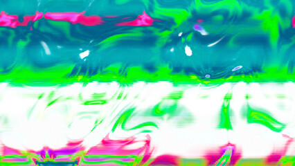 Abstract psychedelic glitch waves with neon colors, distorted digital fluid texture and VHS scanline effect