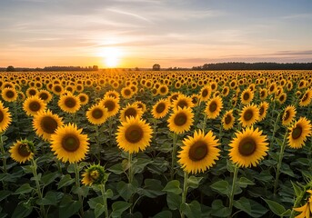 Fototapeta premium Vast expanse of sunflowers under a vibrant sunset countryside landscape