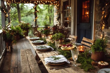Cozy winter gathering on a decorated porch with an enchanting view surrounded by nature, inviting warmth, and festive decor