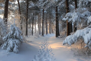 Snow-covered path through a pine forest invites winter hikers to explore a peaceful, enchanting landscape filled with soft white snow and a serene atmosphere