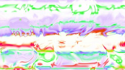 Abstract psychedelic glitch waves with neon colors, distorted digital fluid texture and VHS scanline effect