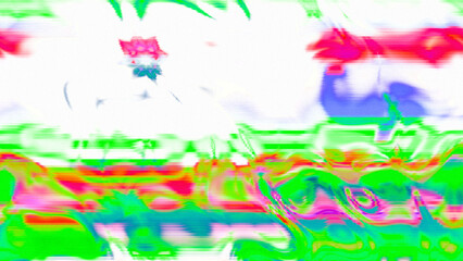 Abstract psychedelic glitch waves with neon colors, distorted digital fluid texture and VHS scanline effect