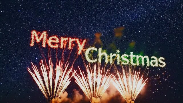 Fireworks in the night sky writes a wish for Merry Christmas, video for Christmas Eve screensaver
